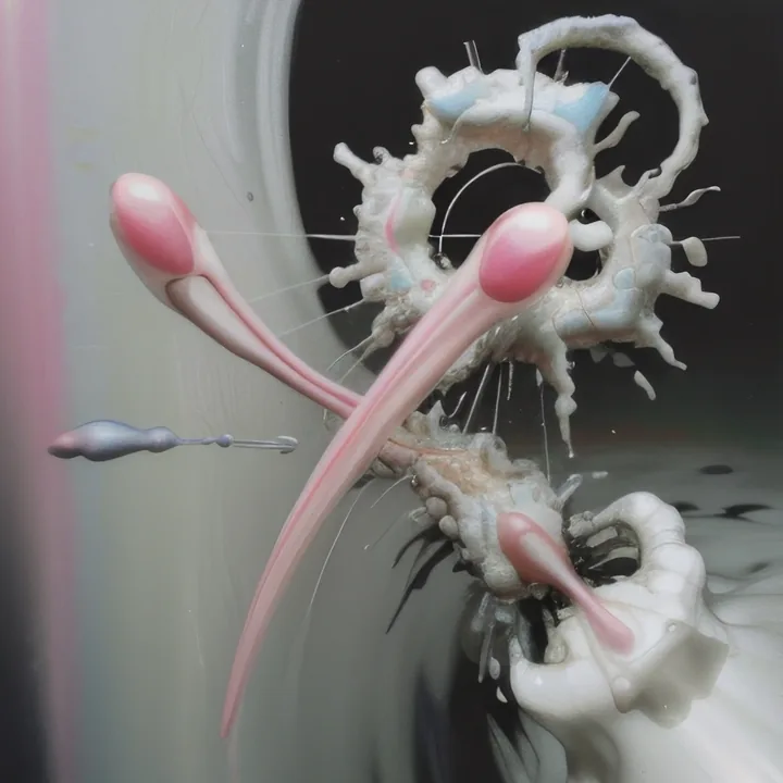 Three glossy pink forms like elongated tadpoles or spoons sweep across a grey field, trailing fine filaments. Behind them a white splash of matter erupts, spattered with pale blue. A small grey droplet floats at the left. Motion caught mid-flight.