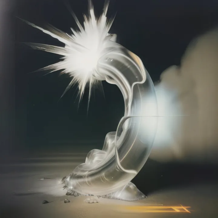 Against near-black, a thick glass horseshoe rises from a gritty floor, its surface folded and rippling. A hard white star bursts at its upper left, with pale smoke drifting behind. A small orange mark glows on the ground at lower right. Ice, glass and detonation.