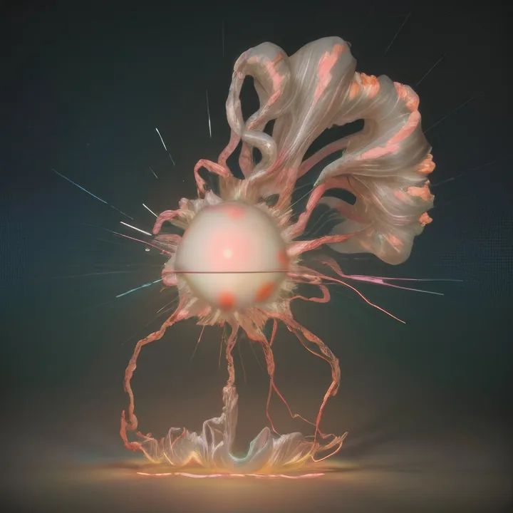 A large pale sphere hovers above a ruffled skirt of tissue, wrapped in flowing coral-tinged ribbons that stream upward like hair. Fine coloured lines radiate outward; red flecks mark the sphere. Dark teal ground, lit from within. Part planet, part jellyfish.