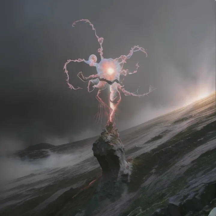 On a dark misted mountainside, a luminous humanoid figure stands on a rocky outcrop, its body a knot of white light with long tendrils curling from its shoulders. Molten red light glows in the rock beneath. A pale dawn breaks at the right. Apparition on a ridge.
