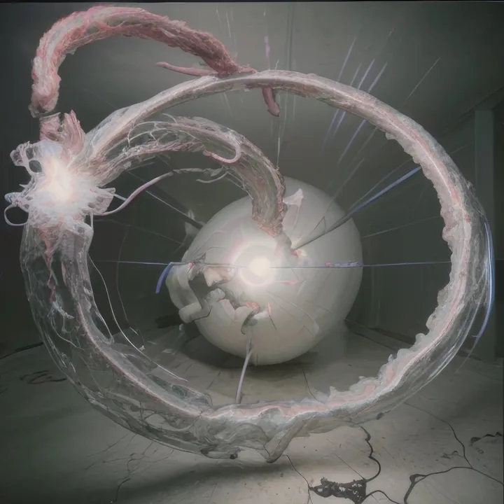 In a bare grey room, a huge ring of coral-textured tissue loops in on itself, enclosing a large pale sphere that glows at its centre. Fine pink and blue filaments spray outward and trail across the cracked floor. Monumental, organic, filling the space.