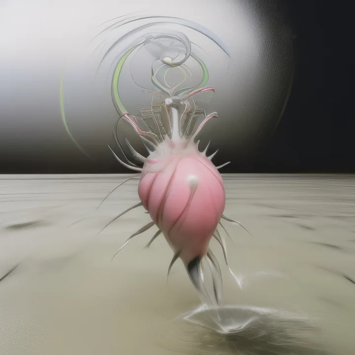 On a pale cracked plain, a swollen pink bulb stands upright, ringed with fine spines and crowned by a crest of curling filaments. A large ghosted circle hangs behind it in the haze. Fine spray gathers at its base. Soft-focus, bulbous, faintly votive.