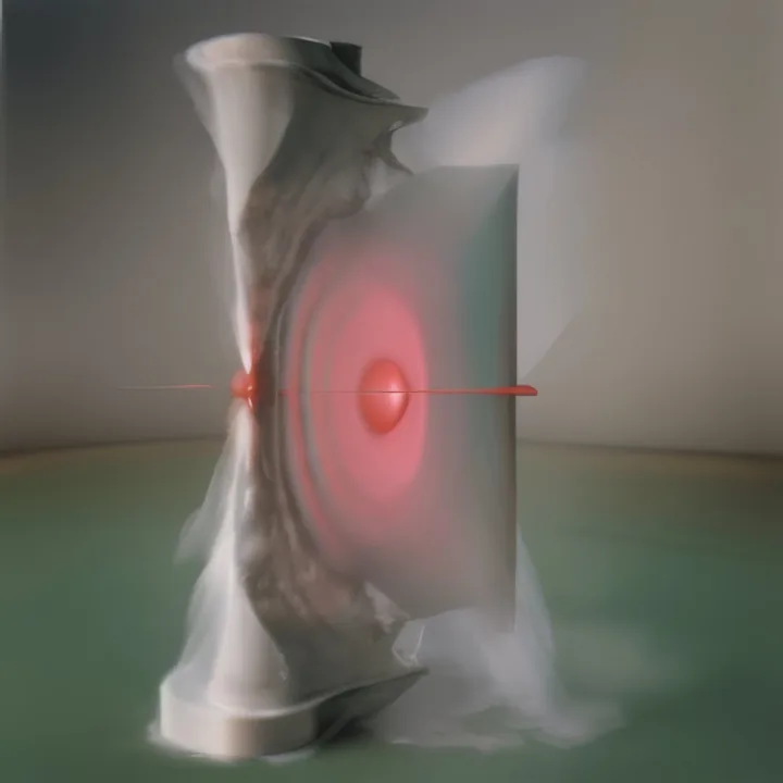 In a green-floored room, a draped column of pale cloth stands over a translucent panel. A target of concentric red rings glows at its centre, pierced by a single hard red line running the width of the frame. Vapour pools at the base. Shrouded and sighted at once.