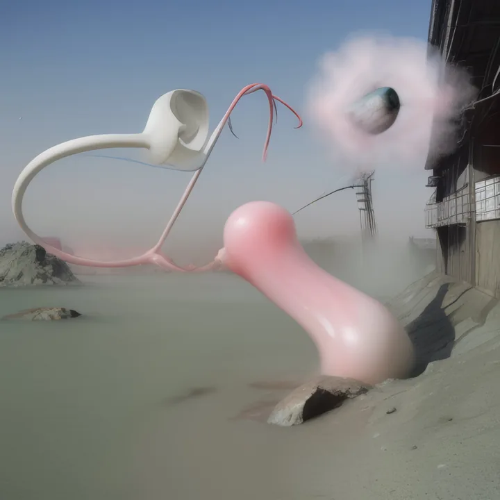 A dusty plain beside a dark industrial structure. A smooth white tube loops through the air like a handle; a swollen pink limb rises from the sand below it, and a pink cloud with a dark eye-like core floats at the right. Hazy, silent, monumentally absurd.