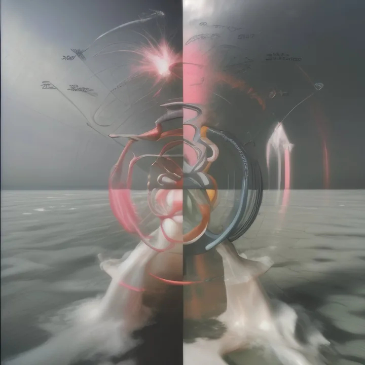 A vertical split over a flat grey sea. Coils of red, black and pale ribbon tangle at the centre above a burst of white spray, with a pink flare at the top left. Faint technical annotations and leader lines are scattered across both halves. Storm diagrammed.
