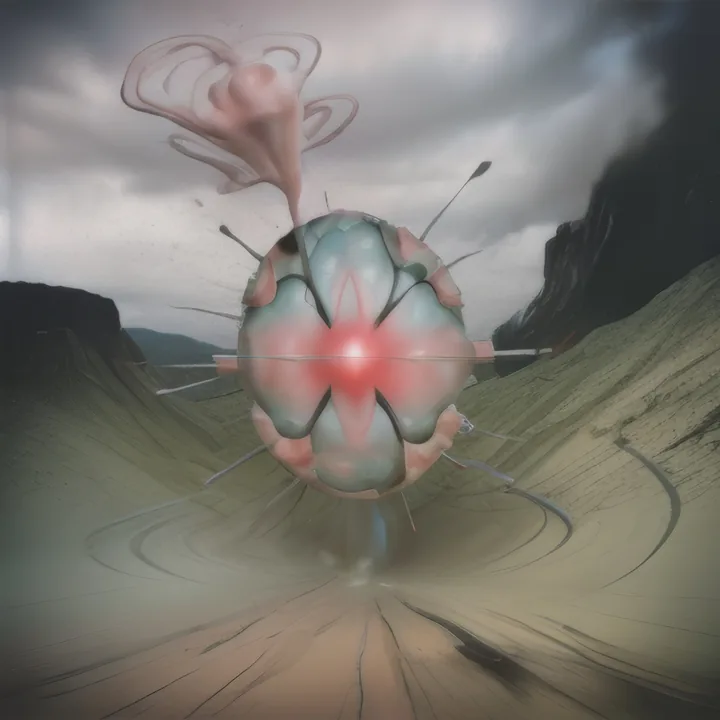 In a wide valley under storm cloud, a segmented pod of mint green and pink hovers above a dirt track, a red bloom at its core and thin spokes radiating outward. A pale tendril curls from its top. Landscape photographic, object entirely not.