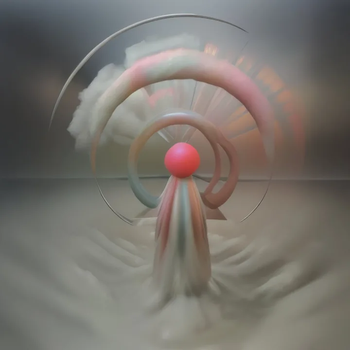 Concentric rings of pink, mint and cream spiral inward to a single hard red sphere at the centre, trailing a ribbed column of vapour down to a misted floor. A fine wire arc encircles the whole. Soft-focus, symmetrical, target-like.