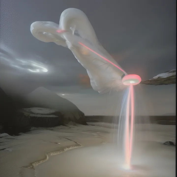 A snow-grey coastal landscape at dusk. A vast pale limb-like mass hangs in the sky, ending in a glowing pink ring that projects a bright column of light straight down to the ground. Cold, cinematic, unmistakably an arrival.