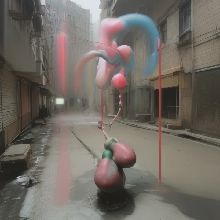 A wet, run-down alley of shuttered buildings. A sculpture of glossy pink and blue balloon forms balances on a post at the centre, mounted on a small plinth, with a red pole beside it. Overcast light, puddled tarmac, the object garish against the decay.