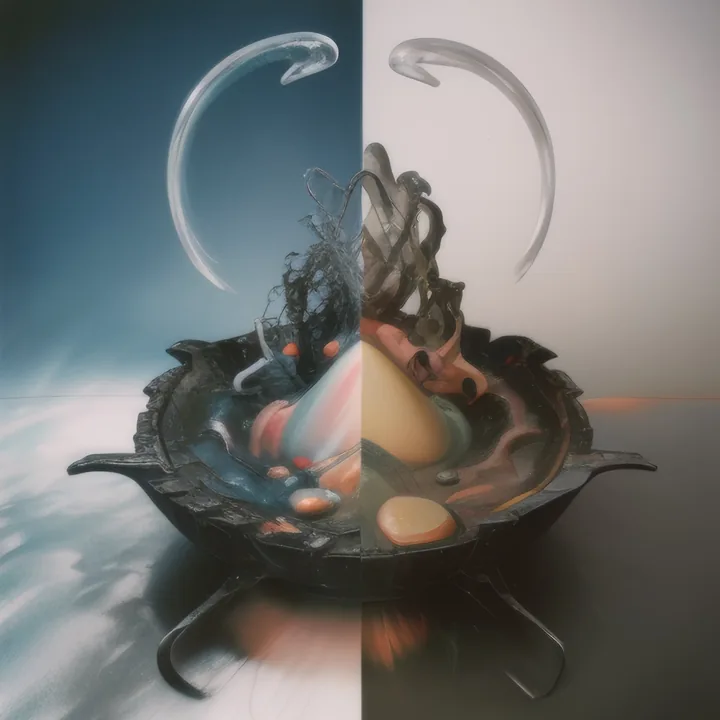 A vertical split: cold blue on the left, warm cream on the right. A dark footed vessel like a wok sits at the centre, heaped with pale eggs, tendrils and coral matter. Two glassy crescent arcs hover above it. The same still life lit two ways.