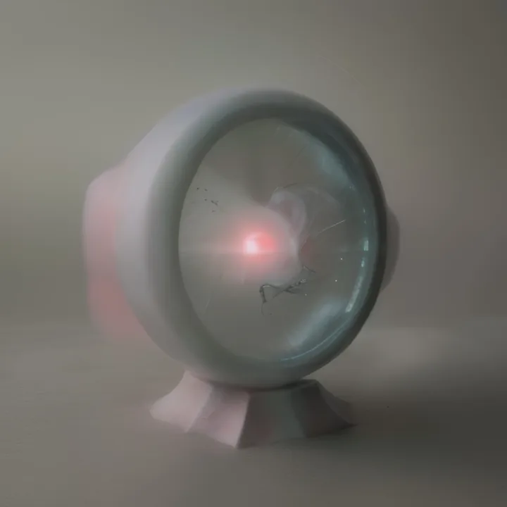 A thick ceramic ring on a small foot stands on a plain surface, its aperture filled with teal glass. A red point glows deep inside behind faint scratches and a wisp of pale form. A pink halo bleeds out to the left. Porthole, lens and eye.