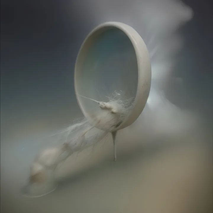 A pale ring hovers in grey mist, tilted toward the viewer. Caught in its lower edge is a soft furred form trailing fine filaments back to the left, with a single drip falling from the rim. Muted, weightless, barely resolved.
