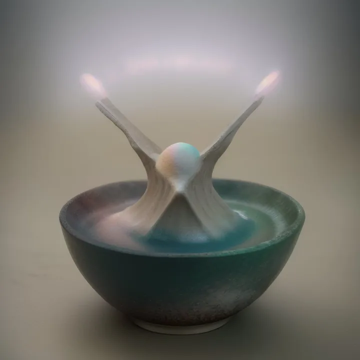 A dark bowl holds a pool of turquoise liquid from which a pale figure rises, head bowed, lifting two long arms that end in small flames. Warm grey background, soft focus. Ritual scale in a tabletop object.