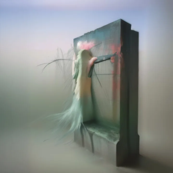 Through heavy haze, a dark rectangular plinth or doorway stands alone. A pale green-white form slumps against its face, trailing long fibrous strands like wet hair, with a pink smear behind. Everything is fogged and soft; the structure is the only hard edge.