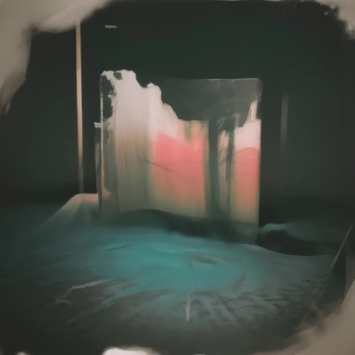 A dark interior, heavily vignetted. A tall pale panel glows at the centre, washed with coral and cream, with faint posts silhouetted against it. The floor below is flooded turquoise and streaked with pale marks. Lit like a stage after everyone has left.