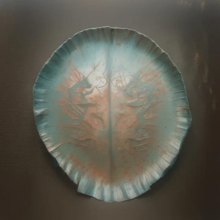A single large oval form mounted flat against a grey-brown wall: a ribbed, fluted shell in pale verdigris and rust, mirrored symmetrically down its centre line. It reads as a shield, a leaf and a corroded bronze cast at once.