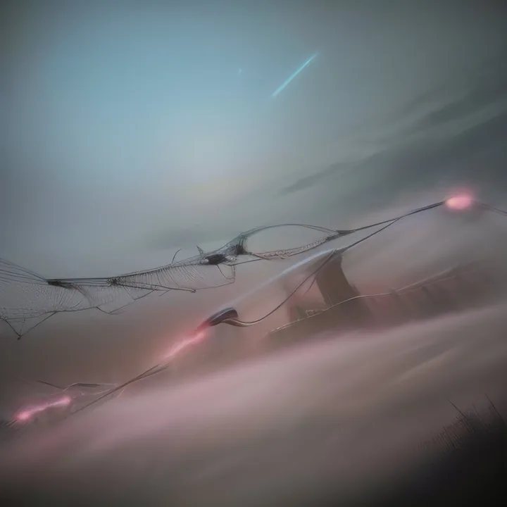 A dim rolling landscape under a blue-grey sky, a thin comet-streak overhead. Sheets of fine dark netting stretch across the hillside, pinned with small glowing pink nodes; a soft pink mist rolls along the ridge. Twilight, almost abstract, quietly instrumented.