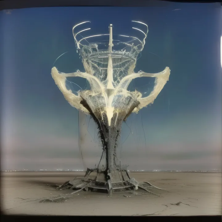 On a flat shoreline at dusk, a tall skeletal structure rises: a spined trunk splaying into four bony arms, crowned with thin wire hoops around a central spike, draped in tattered pale membranes. Roots of debris spread across the sand. Part radio mast, part carcass.