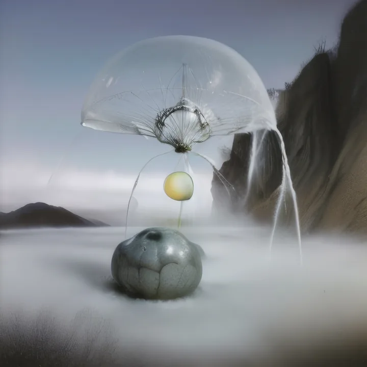 Above a sea of low cloud beside a dark cliff, a huge transparent dome hovers, ribbed with fine wires and trailing a waterfall from its edge. A pale yellow sphere hangs suspended beneath it, above a dark pitted boulder resting in the mist. Still and weightless.