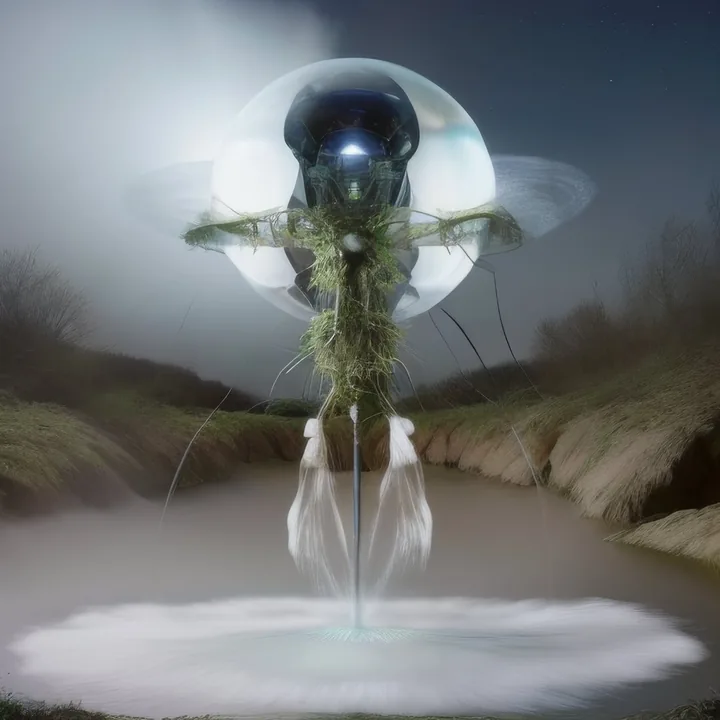 Night over a flooded field. A large chrome-black pod hangs inside a transparent bubble, ringed by a flat disc, with mossy fronds spreading from its underside. Twin veils of water fall from it into a bright ring of foam below. Craft, insect and fountain.