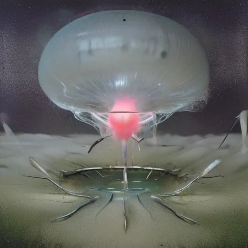 A great pale translucent canopy swells above a dark plain, glowing hot pink at its underside where a cluster of filaments converges. Below, a shallow basin ringed with thin spines catches the light. Storm-lit, membranous, part jellyfish and part detonation.