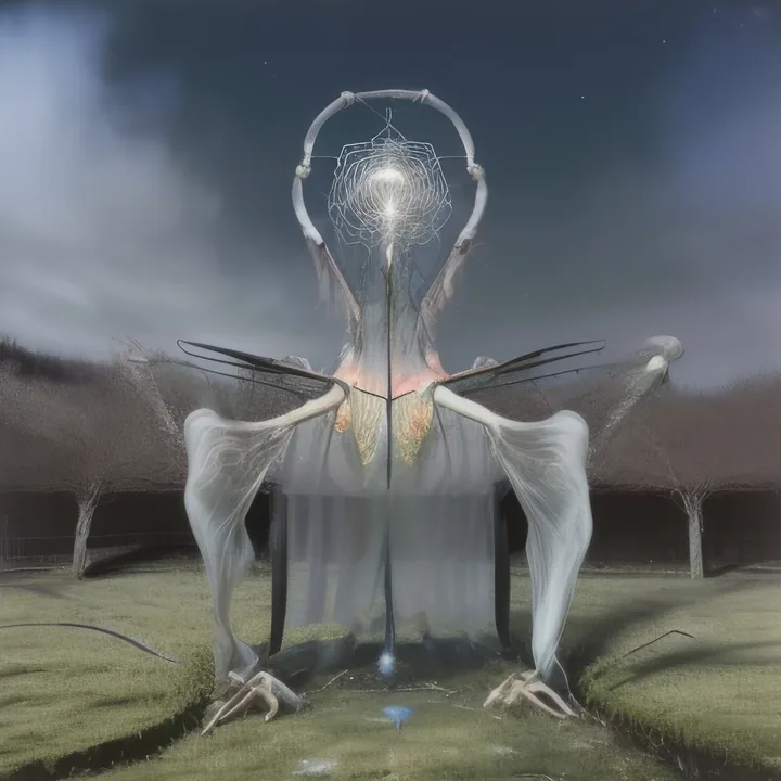 In a night field bordered by bare trees, a tall figure stands with arms raised, holding a hoop of light above its head, its chest opening onto a glowing orange core. Two immense translucent wings sweep down to taloned feet in the grass. Annunciatory, insectile, unmistakably a figure.