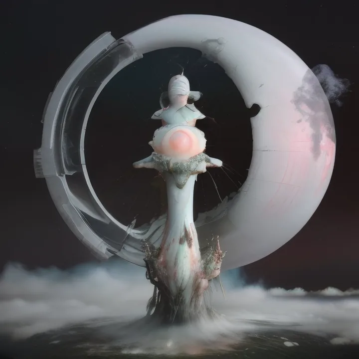 Against a dark sky, a vast pale ring encircles a standing column that rises from churning cloud. At the column's centre a soft pink orb glows; a small blindfolded head crowns it, and ragged growths cling to the base. Halo, idol and weather front.