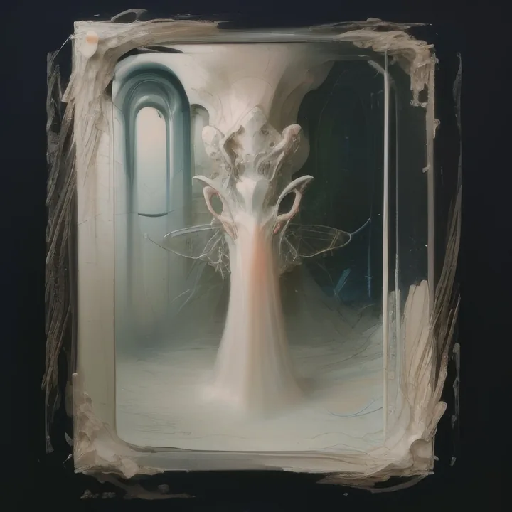 A thickly impastoed frame of cream paint surrounds a pale interior scene: a tall robed form with a crowned, many-branched head stands in an arched hall, veiled in mist, insect-wing shapes at its shoulders. Painting and apparition, framed within the image itself.