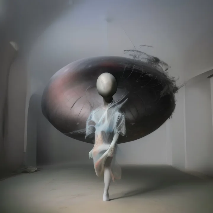 In a bare grey gallery, a slender pale figure with a smooth featureless head walks forward, wrapped in wisps of translucent cloth. Behind it hangs a huge dark lens-shaped mass trailing black filaments, almost filling the room. Motion-blurred, the body small against the object.