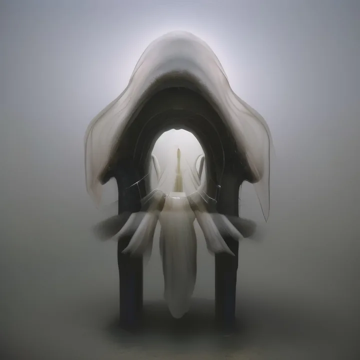 In dense fog, a symmetrical structure like a hooded gateway: two dark legs carry an arch draped in pale translucent sheets that fall to either side. Beneath the arch, a white pod-shaped form hangs with fin-like flanges. Backlit, monumental, its scale unreadable.