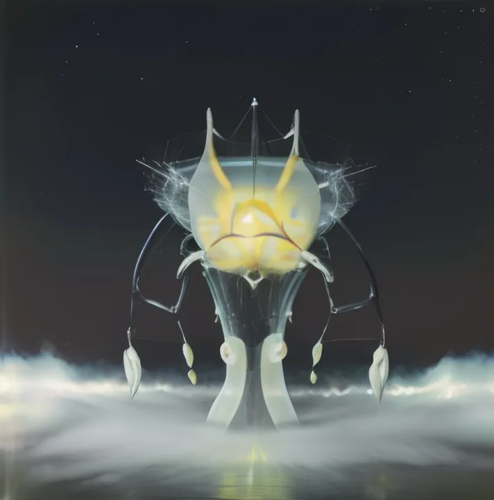Against a night sky, a luminous creature stands on a bed of mist: a swollen pale body glowing yellow from within, crowned with two horns and a fine wire canopy, balanced on two thick legs with slender jointed arms ending in pale pods. Lit from inside, part lantern and part insect.