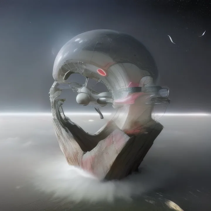 A large chrome-grey pod, ringed and pink-lit, rests in the grip of a splintered rock outcrop rising from mist. Fine mechanical detail clusters at its opening. A pale horizon runs behind. Impact site, or a landing.