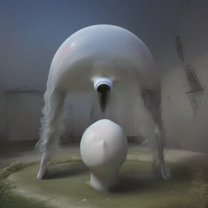 At dusk in a walled garden, a huge pale dome-bodied creature stands on four soft legs, a dark ringed aperture at its front like a single lens. In front of it, on a mown circle of grass, sits a large smooth white egg. Faint scaffolding is sketched on the wall behind.