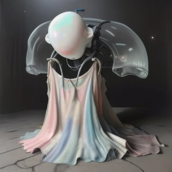 A seated figure on a paved floor against black: a smooth pale head with faint iridescence, dark cabling at the neck, and two wide translucent shells spreading behind like wings. It wears a long pastel-striped gown that pools around it. Serene, enthroned, half machine.