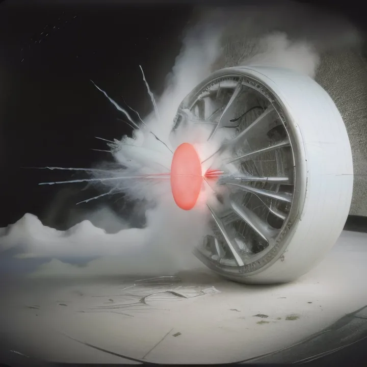 A large white wheel rests on a pale floor, its many spokes radiating from a hub where a red ovoid glows. A burst of white shards and vapour erupts from the hub to the left. Dark background, cloud gathering low. Machine part caught at the moment of failure.