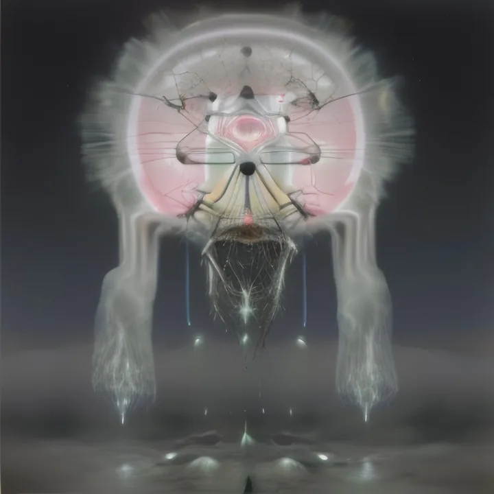 A symmetrical apparition against dark grey: a pale disc with a soft pink core, fringed in white down, above two thick legs that dissolve into vapour and fine threads. A web of filaments hangs beneath, dripping small lights onto a wet floor. Totemic, mothlike, mirrored down its axis.