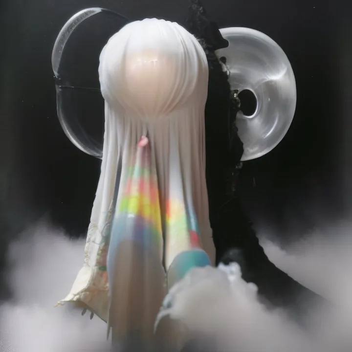 Against black, a figure whose head and body are sheathed in a long fall of white hair or pleated fabric, face entirely hidden. A rainbow band spills down the front of the pale gown. Two glassy discs flank the head like lenses or wings, and white cloud rolls across the lower frame. Veiled, luminous, faceless.